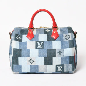 極美品 LOUIS VUITTON ルイヴィトン スピーディ30 モノグラム デニム スクエア パッチワーク M45041 ブルー レッド ゴールド金具 中古 4a005305