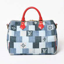 画像をギャラリービューアに読み込む, 極美品 LOUIS VUITTON ルイヴィトン スピーディ30 モノグラム デニム スクエア パッチワーク M45041 ブルー レッド ゴールド金具 中古 4a005305