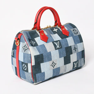 極美品 LOUIS VUITTON ルイヴィトン スピーディ30 モノグラム デニム スクエア パッチワーク M45041 ブルー レッド ゴールド金具 中古 4a005305