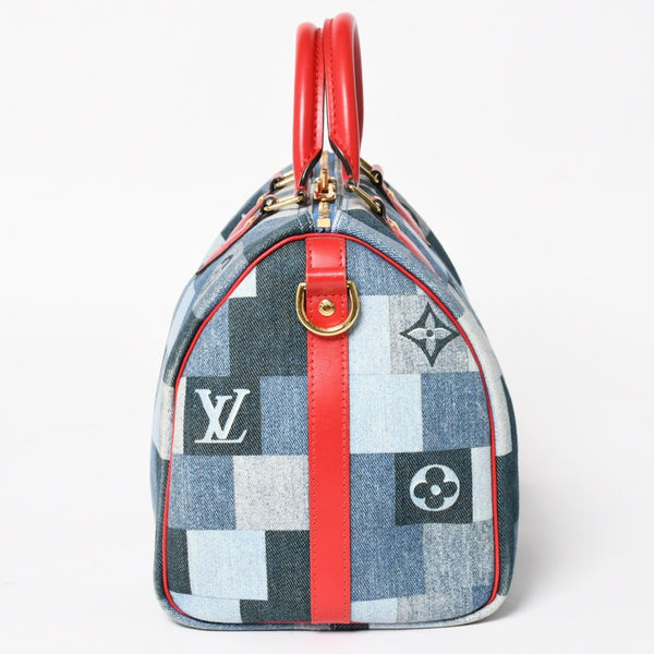 極美品 LOUIS VUITTON ルイヴィトン スピーディ30 モノグラム デニム スクエア パッチワーク M45041 ブルー レッド ゴールド金具 中古 4a005305
