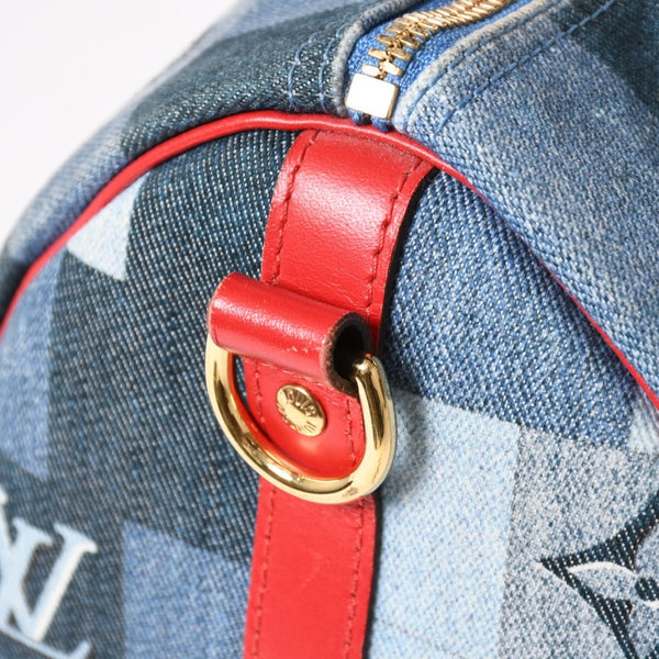 極美品 LOUIS VUITTON ルイヴィトン スピーディ30 モノグラム デニム スクエア パッチワーク M45041 ブルー レッド ゴールド金具 中古 4a005305
