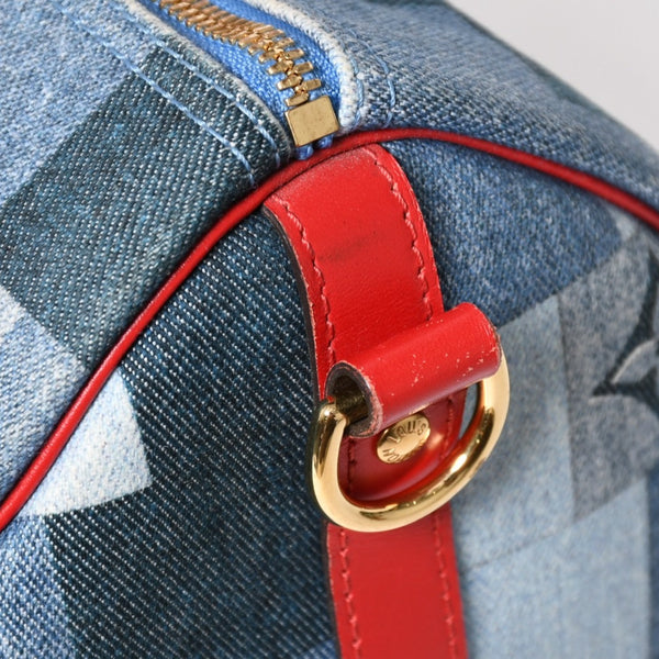極美品 LOUIS VUITTON ルイヴィトン スピーディ30 モノグラム デニム スクエア パッチワーク M45041 ブルー レッド ゴールド金具 中古 4a005305