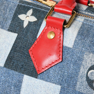 極美品 LOUIS VUITTON ルイヴィトン スピーディ30 モノグラム デニム スクエア パッチワーク M45041 ブルー レッド ゴールド金具 中古 4a005305