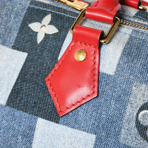 極美品 LOUIS VUITTON ルイヴィトン スピーディ30 モノグラム デニム スクエア パッチワーク M45041 ブルー レッド ゴールド金具 中古 4a005305
