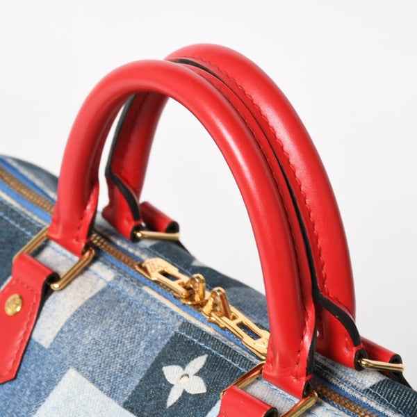 極美品 LOUIS VUITTON ルイヴィトン スピーディ30 モノグラム デニム スクエア パッチワーク M45041 ブルー レッド ゴールド金具 中古 4a005305