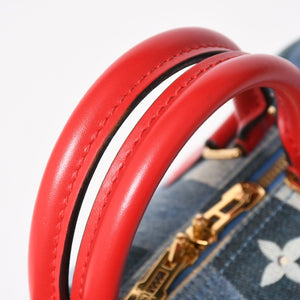 極美品 LOUIS VUITTON ルイヴィトン スピーディ30 モノグラム デニム スクエア パッチワーク M45041 ブルー レッド ゴールド金具 中古 4a005305