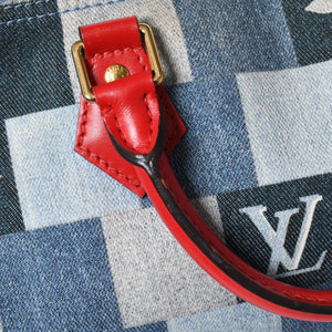 極美品 LOUIS VUITTON ルイヴィトン スピーディ30 モノグラム デニム スクエア パッチワーク M45041 ブルー レッド ゴールド金具 中古 4a005305