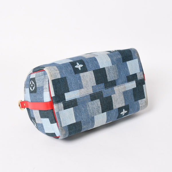極美品 LOUIS VUITTON ルイヴィトン スピーディ30 モノグラム デニム スクエア パッチワーク M45041 ブルー レッド ゴールド金具 中古 4a005305