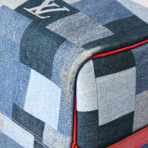 極美品 LOUIS VUITTON ルイヴィトン スピーディ30 モノグラム デニム スクエア パッチワーク M45041 ブルー レッド ゴールド金具 中古 4a005305