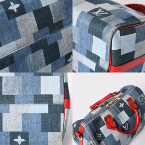 極美品 LOUIS VUITTON ルイヴィトン スピーディ30 モノグラム デニム スクエア パッチワーク M45041 ブルー レッド ゴールド金具 中古 4a005305