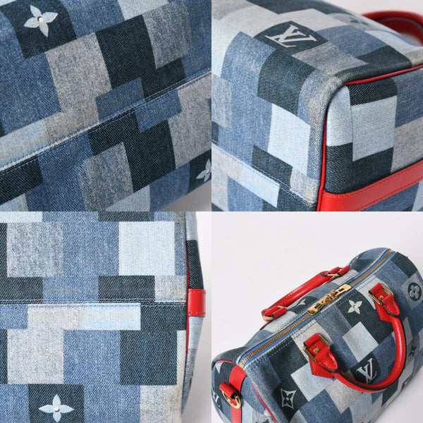 極美品 LOUIS VUITTON ルイヴィトン スピーディ30 モノグラム デニム スクエア パッチワーク M45041 ブルー レッド ゴールド金具 中古 4a005305