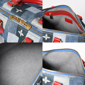 極美品 LOUIS VUITTON ルイヴィトン スピーディ30 モノグラム デニム スクエア パッチワーク M45041 ブルー レッド ゴールド金具 中古 4a005305