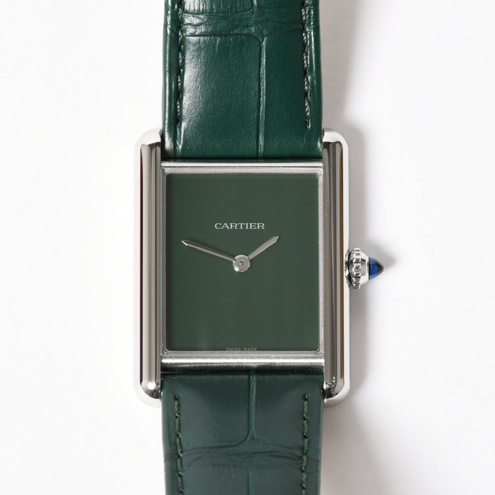 新品同様 CARTIER カルティエ TANK MUST LM タンクマスト LM 腕時計 WSTA0115 重量31.38g SS クォーツ レザー グリーン文字盤 中古 4a005303