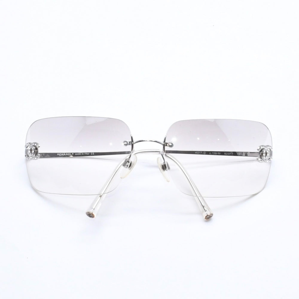 CHANEL Rimless Sunglasses 4017-D c.159/61 Size 62□17 120 Coco Mark Rhinestone Gray Gradient Lens Silver Hardware Good Used 4a005343