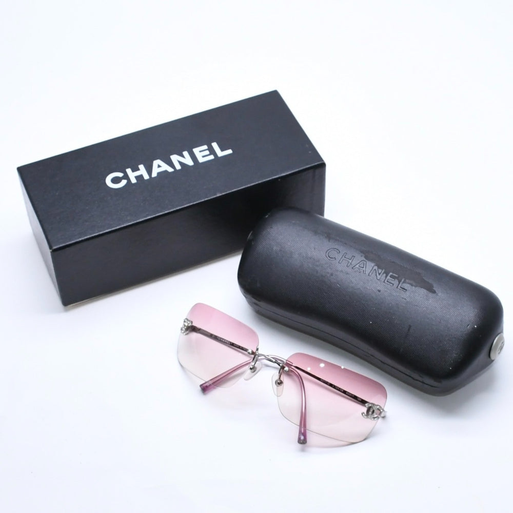 CHANEL Rimless Sunglasses 4017-D c.124/58 62□17 120 Coco Mark Rhinestone Pink Purple Silver Hardware Good Condition Used 4a005341