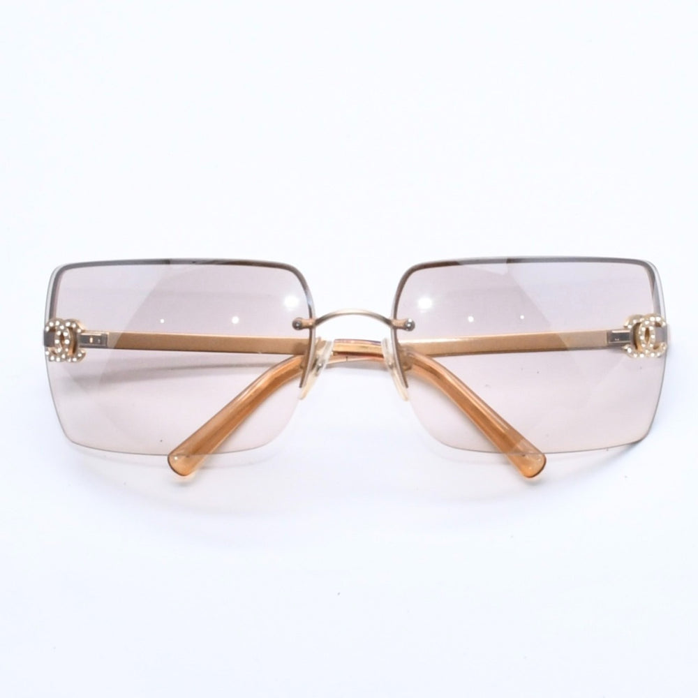 CHANEL Rimless Sunglasses 4092-B c.102/8Z Size 62□15 120 Brown Rhinestone Coco Mark Gold Hardware Good Condition Used 4a005340