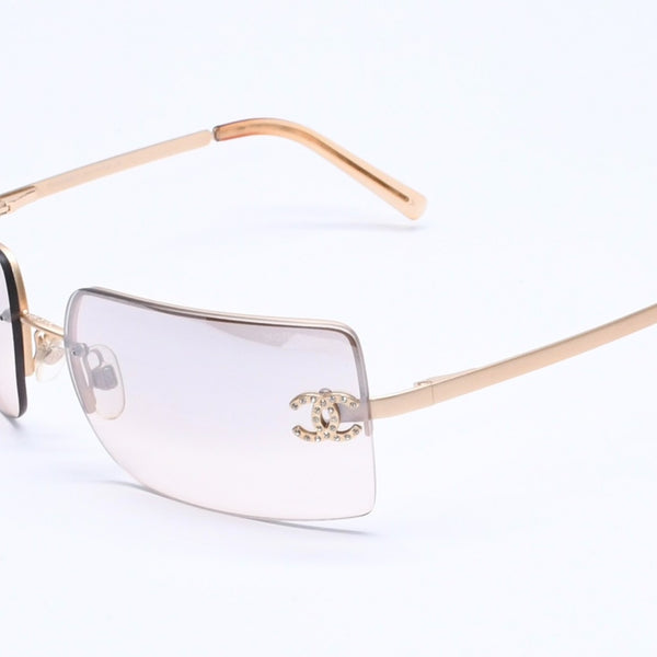 CHANEL Rimless Sunglasses 4092-B c.102/8Z Size 62□15 120 Brown Rhinestone Coco Mark Gold Hardware Good Condition Used 4a005340