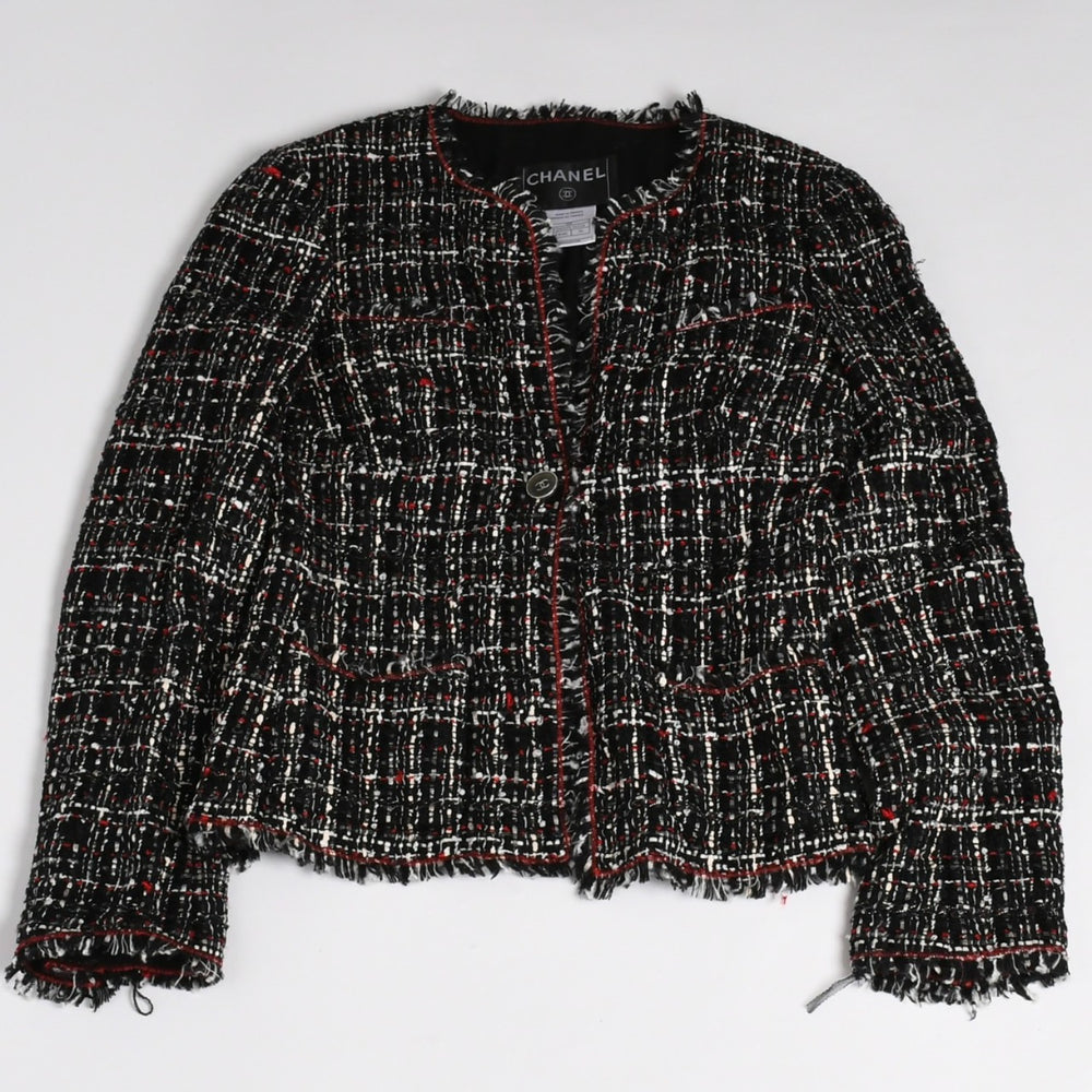 極美品 CHANEL シャネル ツイードジャケット P26010V16324 ココマーク ブラック レッド ホワイト サイズ38 中古 4a005415