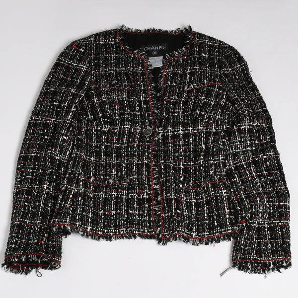 Very Good Condition CHANEL Tweed Jacket P26010V16324 Coco Mark Black Red White Size 38 Used 4a005415
