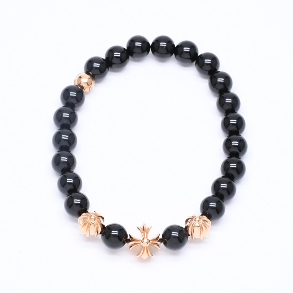 新品未使用品 CHROME HEARTS クロムハーツ ビーズブレスレット ブラック クロスボールチャーム 22K ゴールドクロスボール 中古 4a005517