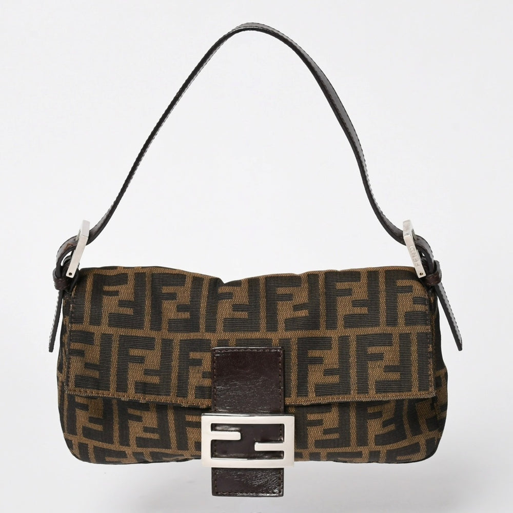 FENDI フェンディ マンマバケット ワンショルダーバッグ 26424 キャンバス レザー ブラウン ズッカ柄 シルバー金具 美品 中古 4a005356