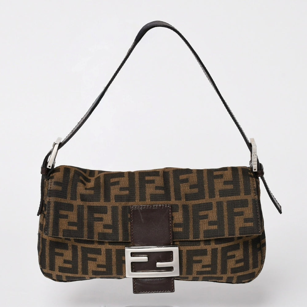 FENDI フェンディ マンマバケット ワンショルダーバッグ 26424 キャンバス レザー ブラウン ズッカ柄 シルバー金具 美品 中古 4a005355