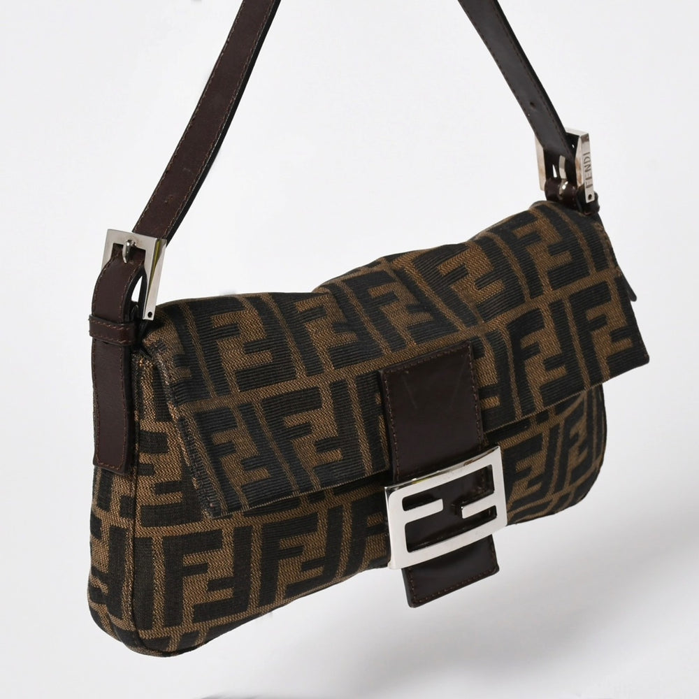 FENDI Mamma Bucket One Shoulder Bag 26424 Canvas Leather Brown Zucca Pattern Silver Hardware Good Condition Used 4a005355