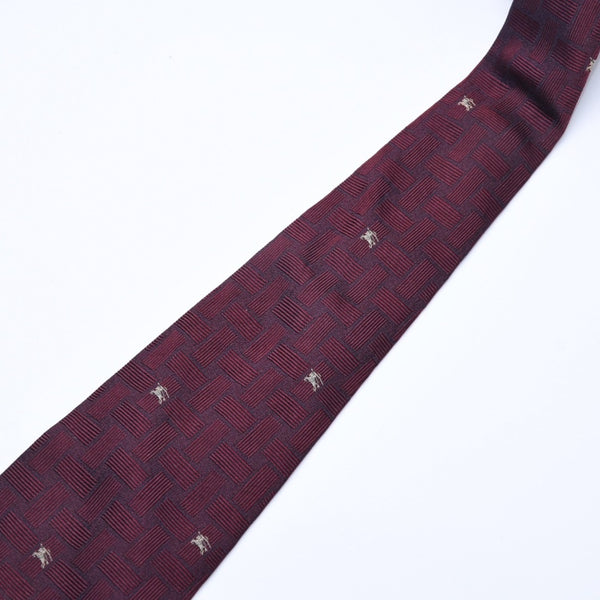 新品同様品 BURBERRY バーバリー ネクタイ ブランドロゴ入り ホースロゴ 格子模様 紳士 ワインレッド シルク 中古 4a005245