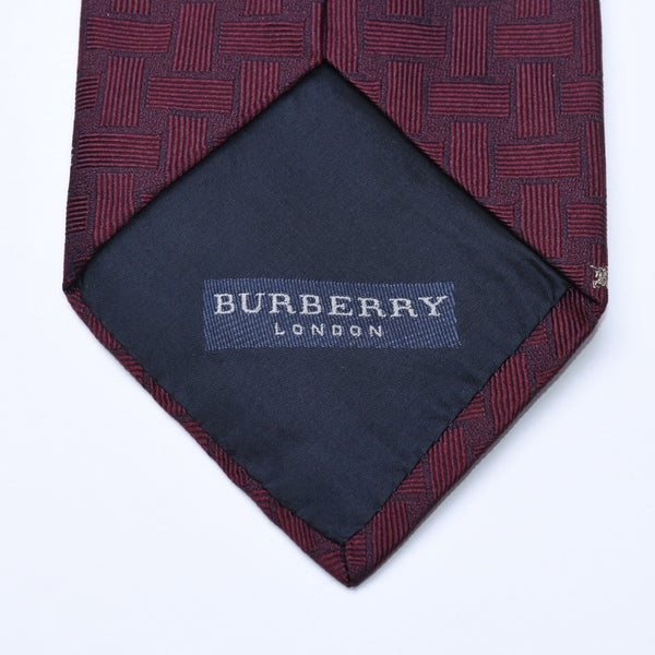 新品同様品 BURBERRY バーバリー ネクタイ ブランドロゴ入り ホースロゴ 格子模様 紳士 ワインレッド シルク 中古 4a005245