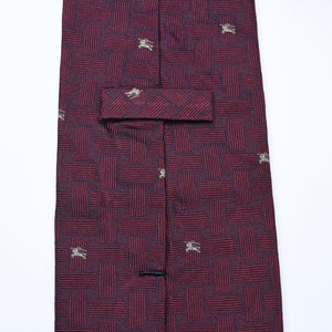 新品同様品 BURBERRY バーバリー ネクタイ ブランドロゴ入り ホースロゴ 格子模様 紳士 ワインレッド シルク 中古 4a005245