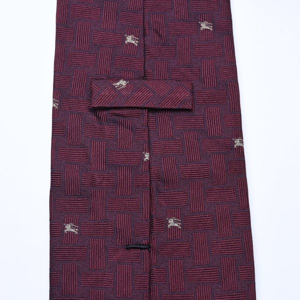 新品同様品 BURBERRY バーバリー ネクタイ ブランドロゴ入り ホースロゴ 格子模様 紳士 ワインレッド シルク 中古 4a005245