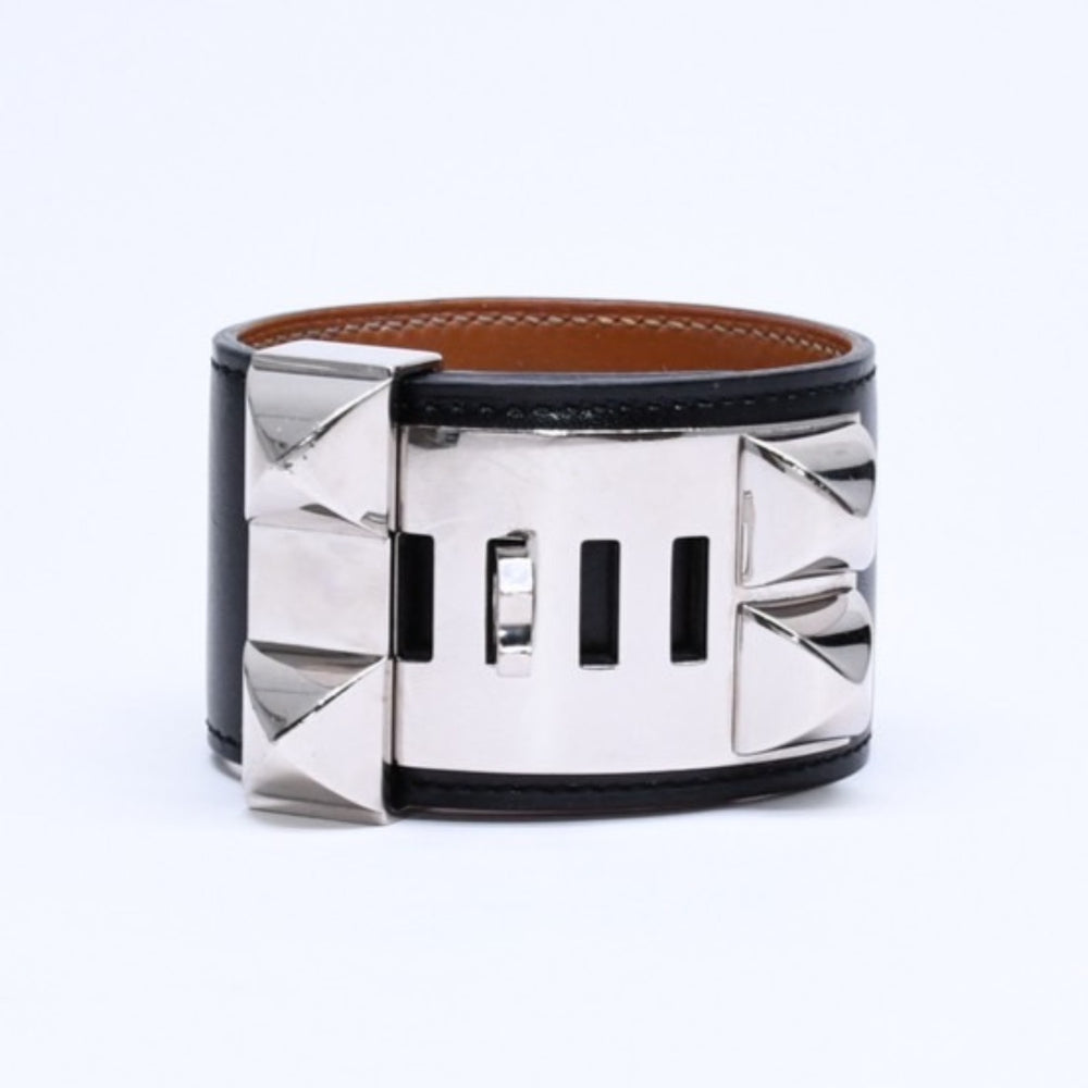 HERMES エルメス コリエドシアン ブレスレット バングル 2018年 C刻印 ボックスカーフ ブラック シルバー金具 美品 中古 4a005450