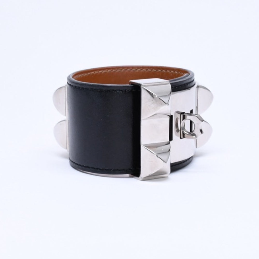 HERMES エルメス コリエドシアン ブレスレット バングル 2018年 C刻印 ボックスカーフ ブラック シルバー金具 美品 中古 4a005450