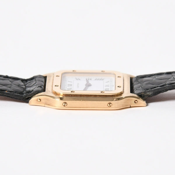 極美品 CARTIER カルティエ サントスデュモン エクストラフラット 腕時計 96062 重量約22.11g 手巻き 白文字盤 18KYG 社外ベルト 中古 4a005458