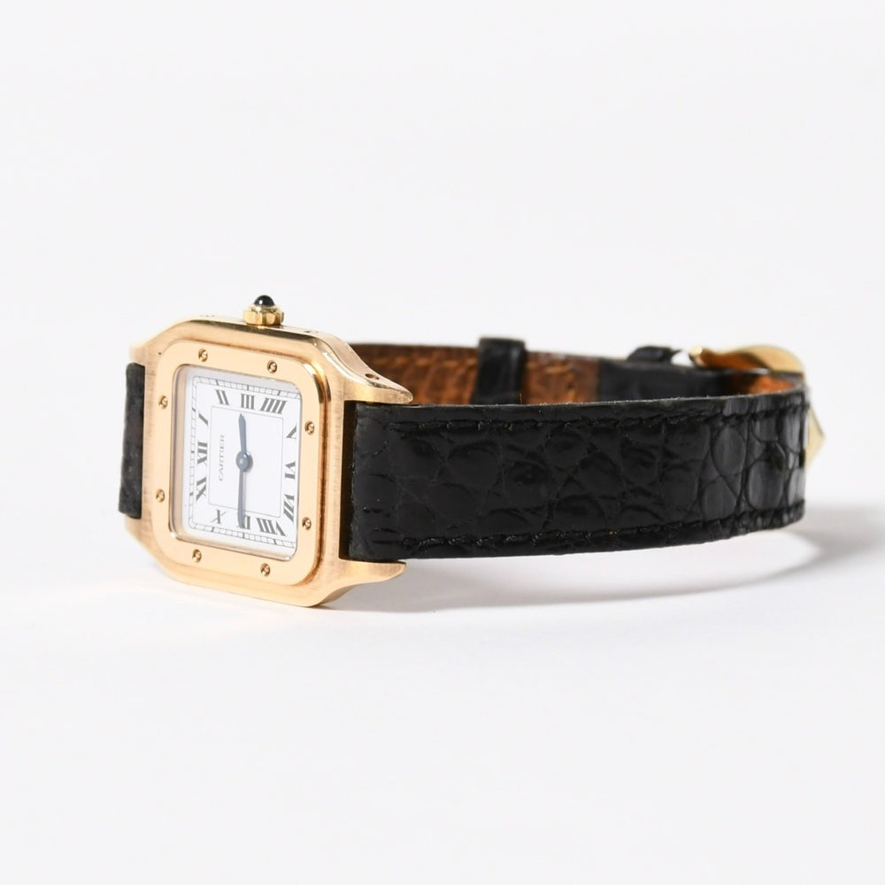 極美品 CARTIER カルティエ サントスデュモン エクストラフラット 腕時計 96062 重量約22.11g 手巻き 白文字盤 18KYG 社外ベルト 中古 4a005458