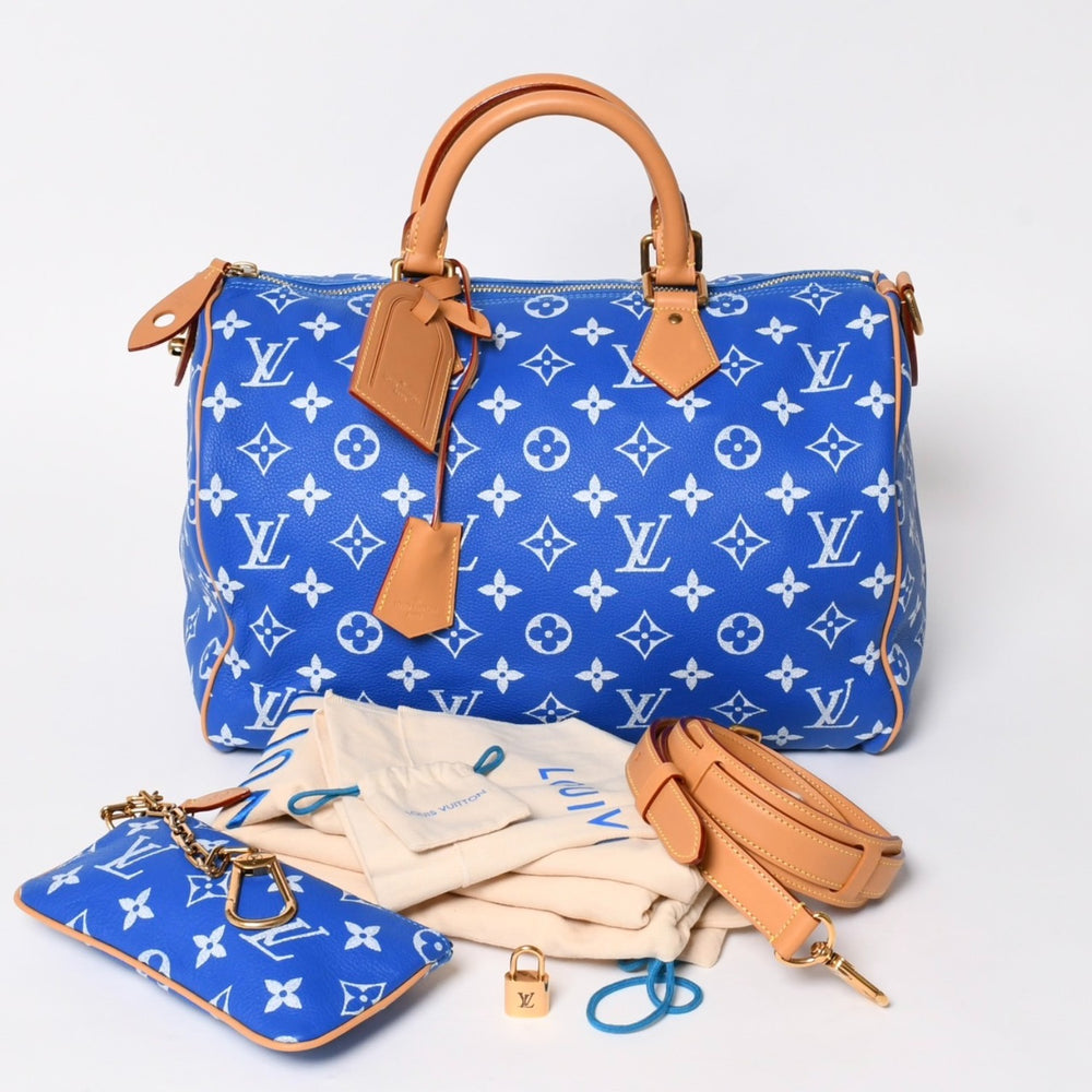 新品同様 LOUIS VUITTON ルイヴィトン スピーディ P9 バンドリエール40 M24418 2WAY ボストンバッグ ブルー ゴールド金具 中古 4a005464