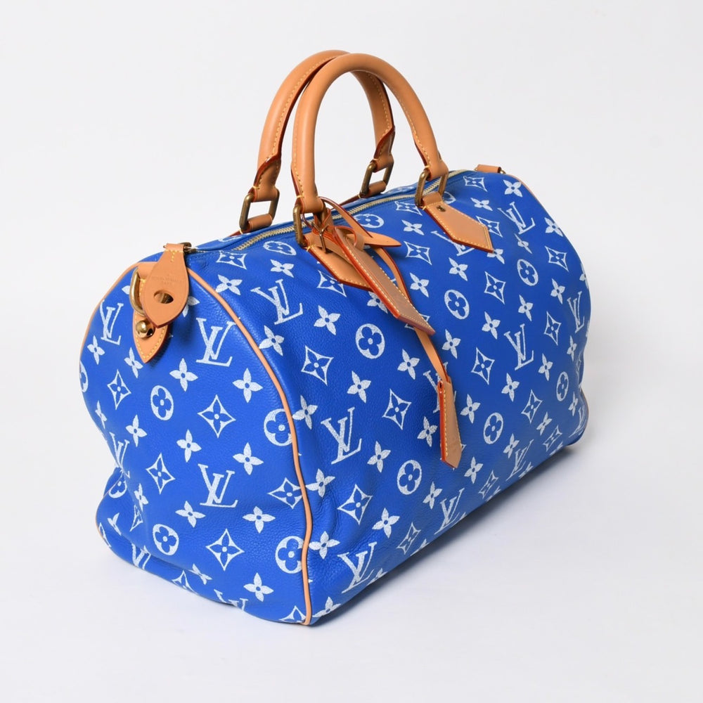 新品同様 LOUIS VUITTON ルイヴィトン スピーディ P9 バンドリエール40 M24418 2WAY ボストンバッグ ブルー ゴールド金具 中古 4a005464