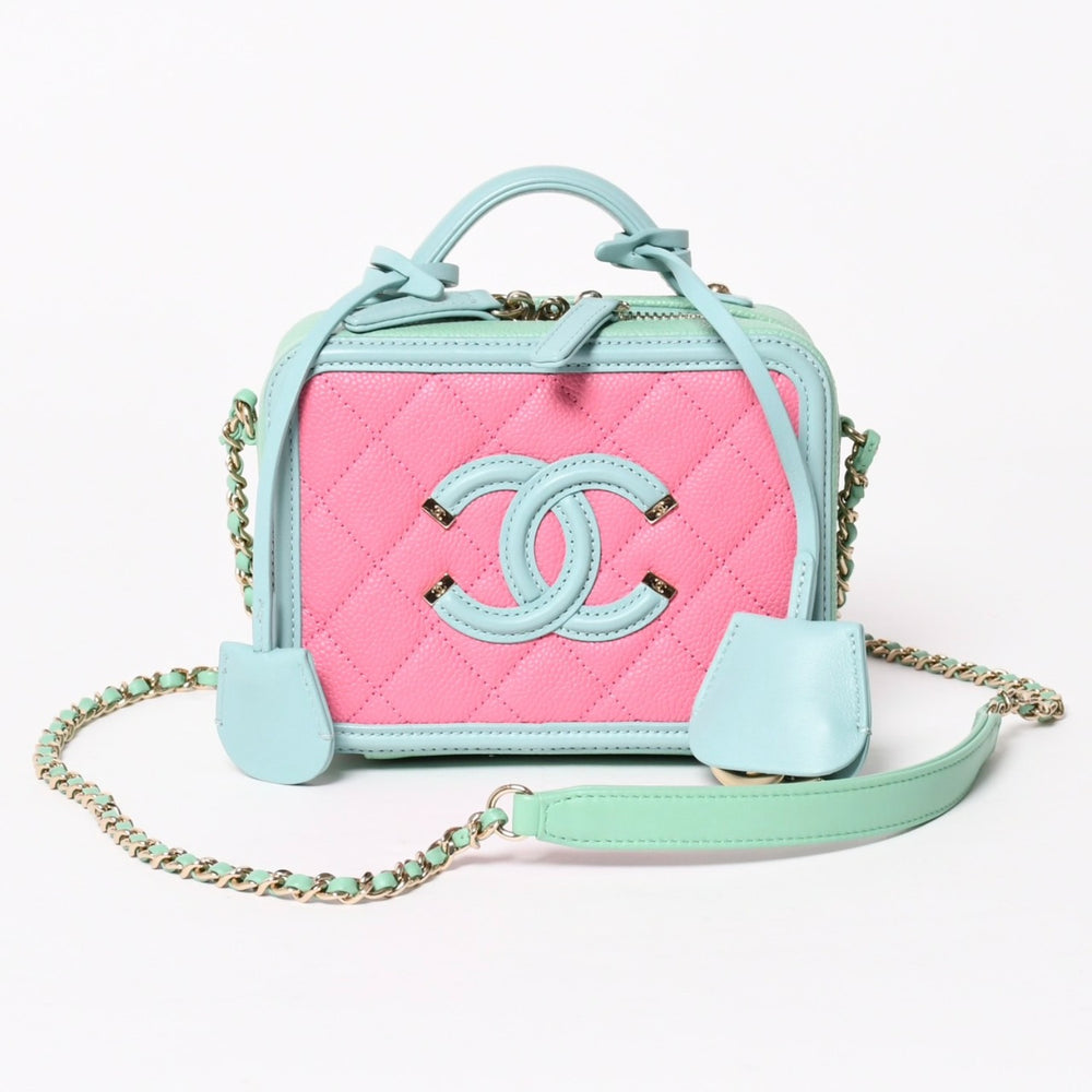 Like new CHANEL CC Filigree Vanity Bag No. 26 Coco Mark Caviar Skin Pink Mint Green Pink Used 4a005678