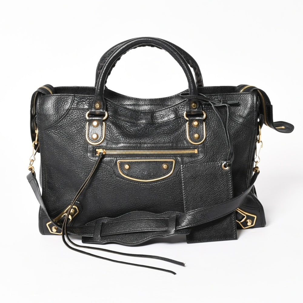 極美品 BALENCIAGA バレンシアガ クラシック メタリック エッジ シティ 2WAY ショルダーバッグ 390154 ブラック ゴールド金具 中古 4a005479