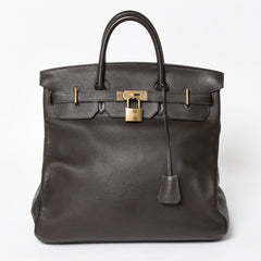 Mint condition HERMES Haut a Courroies 40 handbag, Togo leather, brown, bronze hardware. ◻F stamp, used, item number 4a005619