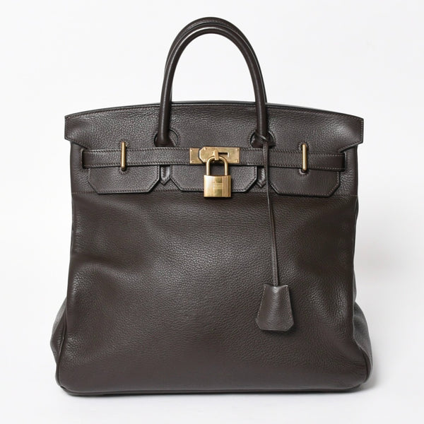 Mint condition HERMES Haut a Courroies 40 handbag, Togo leather, brown, bronze hardware. ◻F stamp, used, item number 4a005619