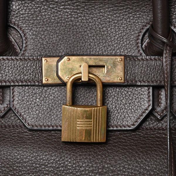 Mint condition HERMES Haut a Courroies 40 handbag, Togo leather, brown, bronze hardware. ◻F stamp, used, item number 4a005619