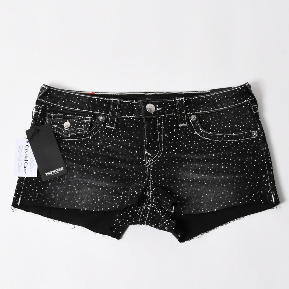 新品未使用 TRUE RELIGION トゥルーレリジョン JOEY Low Rise Cut-Off Short ショーツ コットン ラインストーン ブラック サイズ29 中古 4a005498