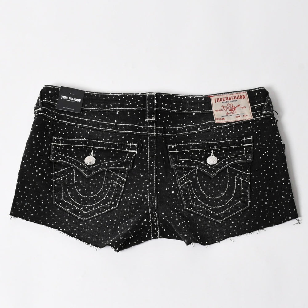 新品未使用 TRUE RELIGION トゥルーレリジョン JOEY Low Rise Cut-Off Short ショーツ コットン ラインストーン ブラック サイズ29 中古 4a005498