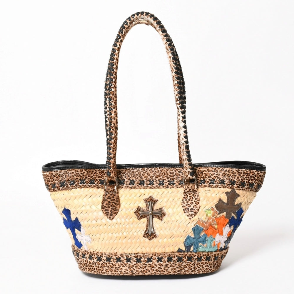極美品 CHROME HEARTS クロムハーツ セメタリークロス カゴバッグ ショルダーバッグ ストロー ハラコ レザー ベージュ シルバー 中古 4a005597
