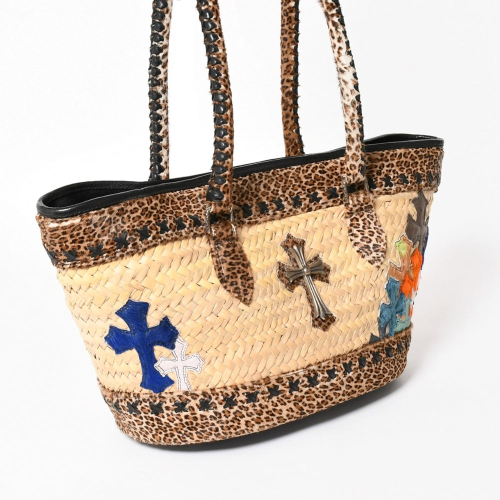 極美品 CHROME HEARTS クロムハーツ セメタリークロス カゴバッグ ショルダーバッグ ストロー ハラコ レザー ベージュ シルバー 中古 4a005597