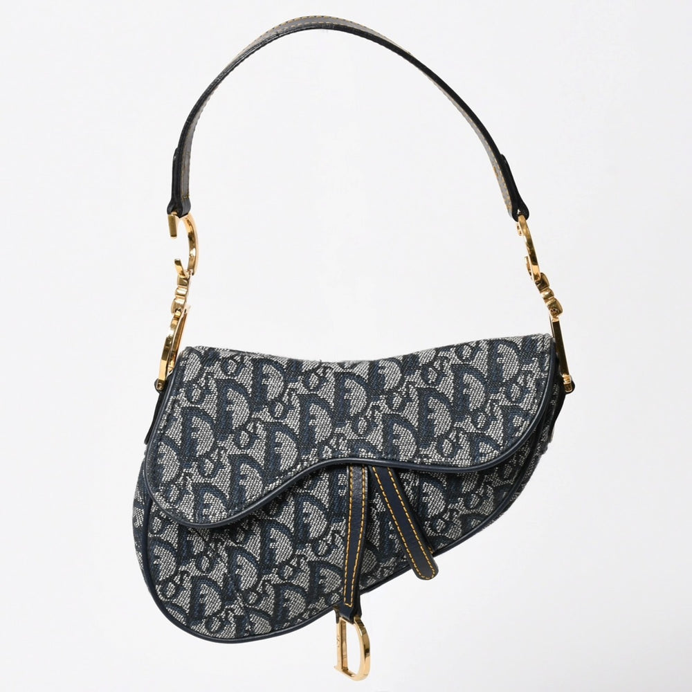 極美品 Christian Dior クリスチャンディオール ミニ サドルバッグ トロッター キャンバス レザー ネイビー 中古 4a005465