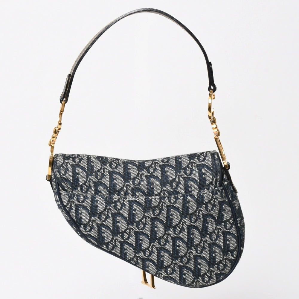 極美品 Christian Dior クリスチャンディオール ミニ サドルバッグ トロッター キャンバス レザー ネイビー 中古 4a005465