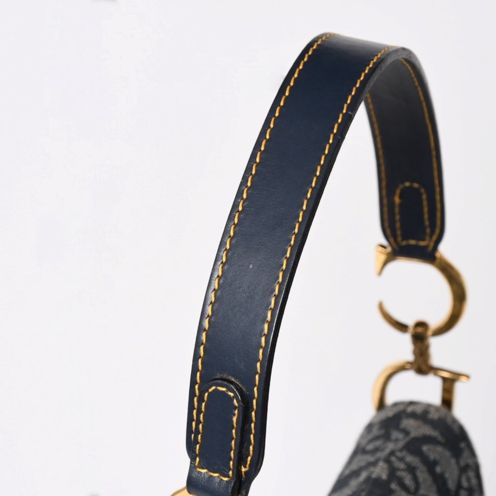 Very Good Condition Christian Dior Mini Saddle Bag Trotter Canvas Leather Navy Used 4a005465