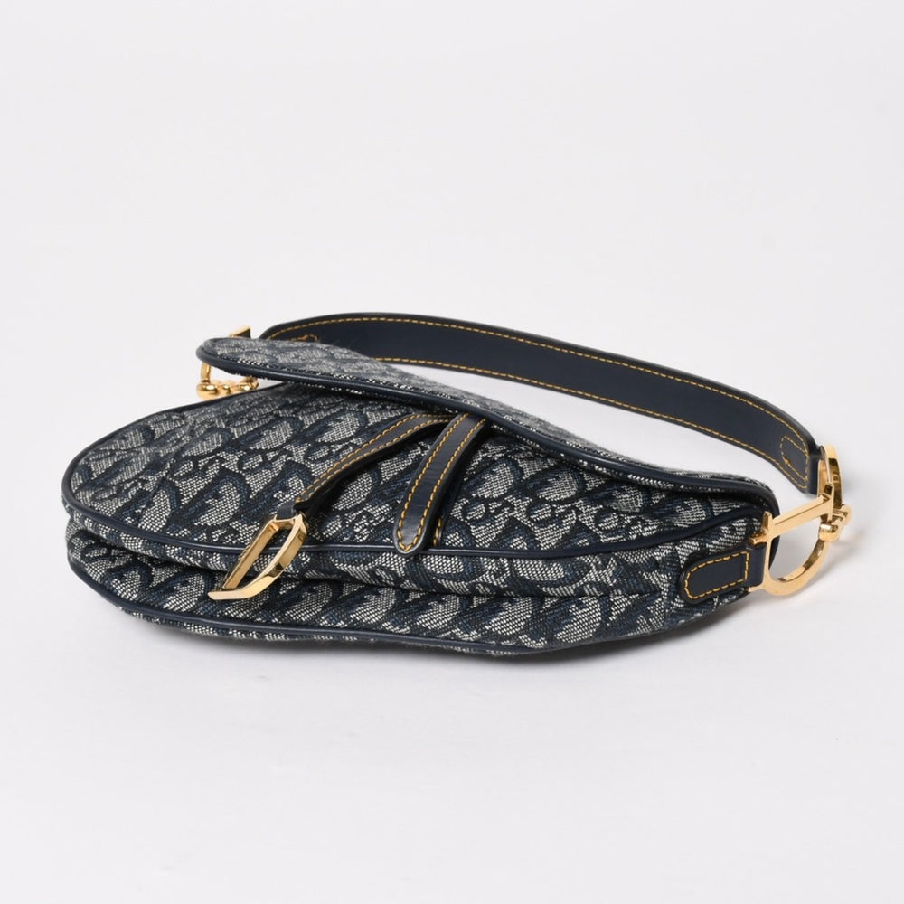 極美品 Christian Dior クリスチャンディオール ミニ サドルバッグ トロッター キャンバス レザー ネイビー 中古 4a005465